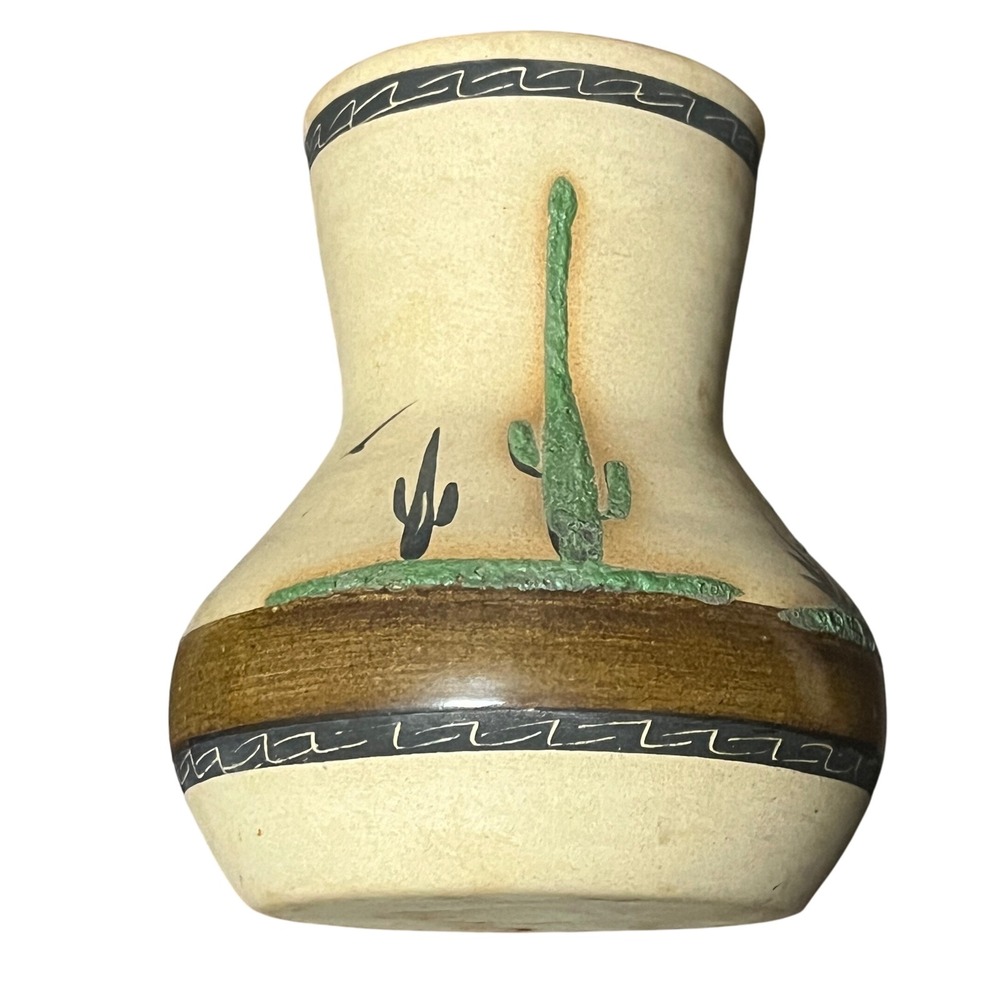 Vintage Betty Selby Signed Southwestern Handpainted Pottery Vase‎ 6" Cactus